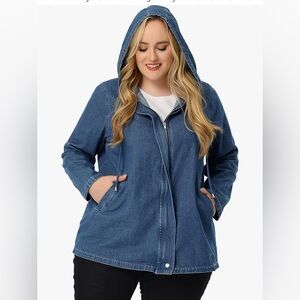 Agnes Orinda Plus Size Denim Hood Layered Drawstring Utility Pockets Jean Jacket